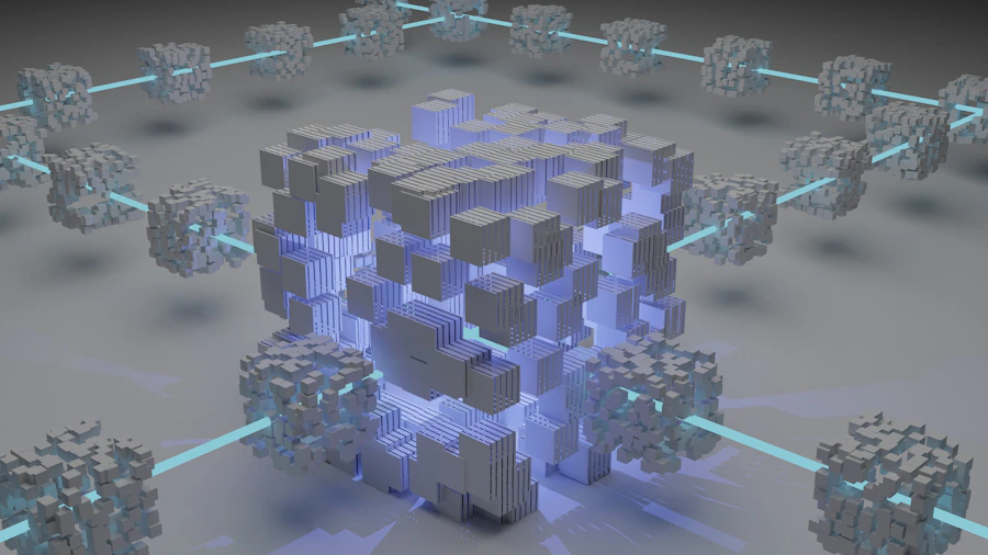 Representação visual abstrata de inteligência artificial em tons de azul